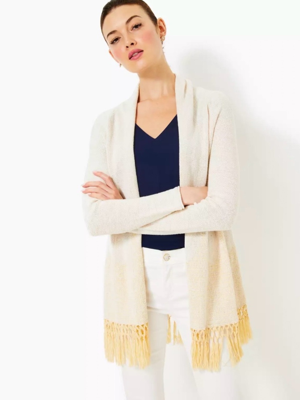 Lilly Pulitzer Tatum Cardigan in Gold Metallic with Fringe Hem